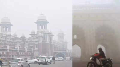 उत्तर प्रदेश के किसी शहरी इलाके में सर्द मौसम के दौरान सड़क पर वाहन और धुंध में छिपी इमारतें