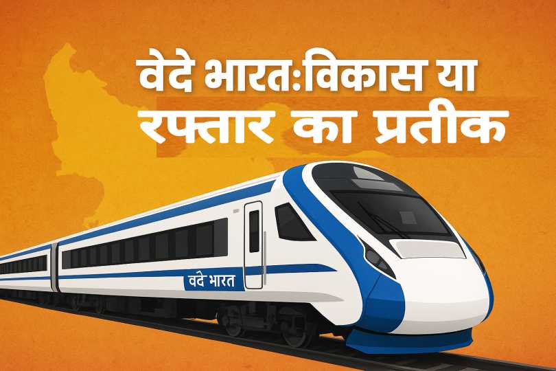 उत्तर प्रदेश की पृष्ठभूमि में दौड़ती वंदे भारत एक्सप्रेस ट्रेन, जो देश में तेज़ी से बढ़ते रेल नेटवर्क और विकास की नई पहचान को दर्शा रही है।
