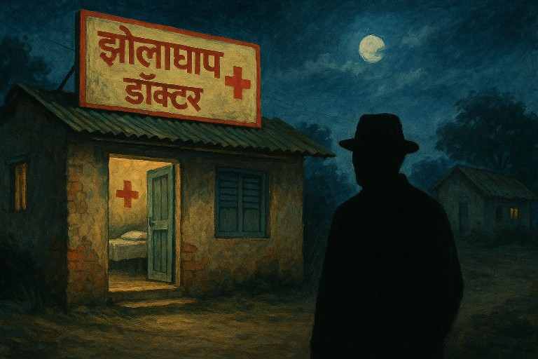 रात के अंधेरे में चलता अवैध झोला छाप डॉक्टर का क्लीनिक, खुले दरवाज़े, धुंधला कमरा और संदिग्ध व्यक्ति की परछाईं दिखाई देती हुई