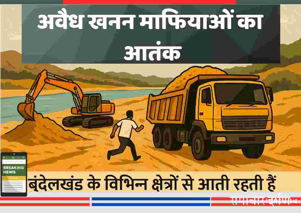 नदी किनारे अवैध बालू खनन का दृश्य, एक जेसीबी मशीन रेत खोदती हुई, पास में पीली डंपर ट्रक भरी हुई रेत के साथ, सामने भागता हुआ व्यक्ति और पृष्ठभूमि में पहाड़ियाँ – बुंदेलखंड में खनन माफियाओं का संकेत।