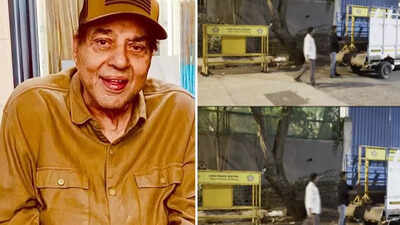 धर्मेंद्र की मुस्कुराती पुरानी तस्वीर के साथ ब्रीच कैंडी अस्पताल के बाहर लगी बैरिकेडिंग