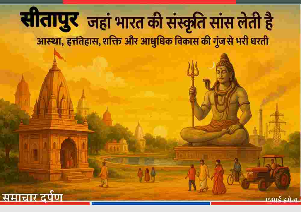 सीतापुर के मंदिर, भगवान शिव की विशाल प्रतिमा, तालाब, ग्रामीण जीवन, किसान, ट्रैक्टर और आधुनिक विकास की पृष्ठभूमि दर्शाती लैंडस्केप फीचर इमेज।