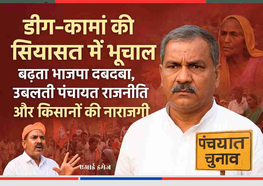 डीग–कामां की राजनीति में बढ़ते तनाव, भाजपा के प्रभाव, पंचायत संघर्ष और किसानों की नाराज़गी को दर्शाती लैंडस्केप न्यूज़ ग्राफिक।