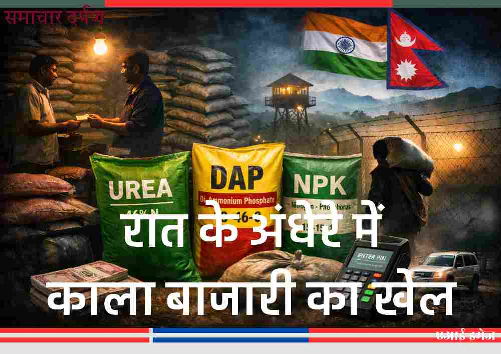 उत्तर प्रदेश–नेपाल सीमा पर रात में खाद की अवैध बिक्री, यूरिया डीएपी एनपीके की कालाबाजारी, POS डिवाइस और सीमा पार तस्करी का प्रतीकात्मक दृश्य