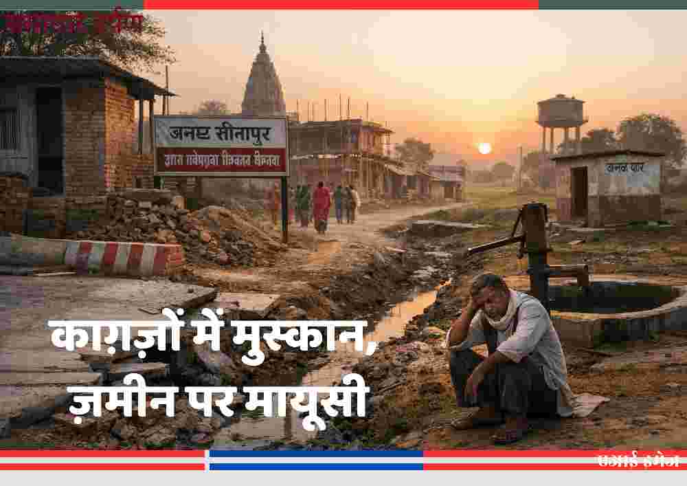 उत्तर प्रदेश के सीतापुर जिले के ग्रामीण क्षेत्र में अधूरी सड़क, टूटी नाली और विकास कार्यों के बीच मायूस ग्रामीण – पंचायत विकास 2025 की जमीनी हकीकत।