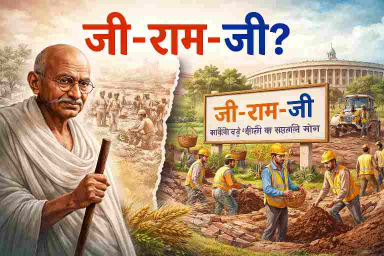 ग्रामीण रोजगार योजना पर बहस दर्शाती फीचर इमेज, जिसमें महात्मा गांधी, संसद भवन और मनरेगा श्रमिकों के दृश्य के साथ जी-राम-जी विधेयक का प्रतीकात्मक चित्रण।