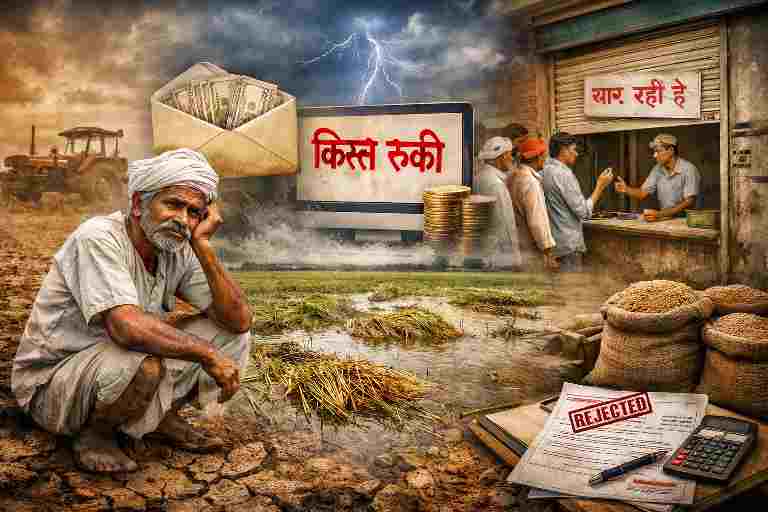 2025 में भारतीय किसान—बेमौसम बारिश से खराब फसल, अटकी सरकारी किस्त और खाद के लिए लाइन में खड़े किसान की पीड़ा