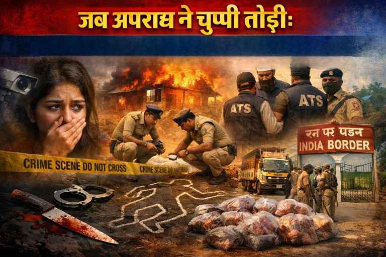 2025 में बलरामपुर जिले में बढ़ते अपराधों को दर्शाती फीचर इमेज, जिसमें महिला अपराध, पुलिस जांच, अवैध धर्मांतरण कार्रवाई और नेपाल सीमा से जुड़े अपराधों का दृश्यात्मक प्रतीक