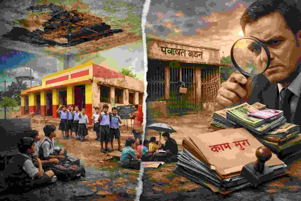 चित्रकूट बुंदेलखंड में कायाकल्प योजना के तहत रंगे स्कूल भवन, जर्जर छत के नीचे बैठे बच्चे और बंद पंचायत भवन, फाइलों पर ‘काम पूरा’ की मुहर