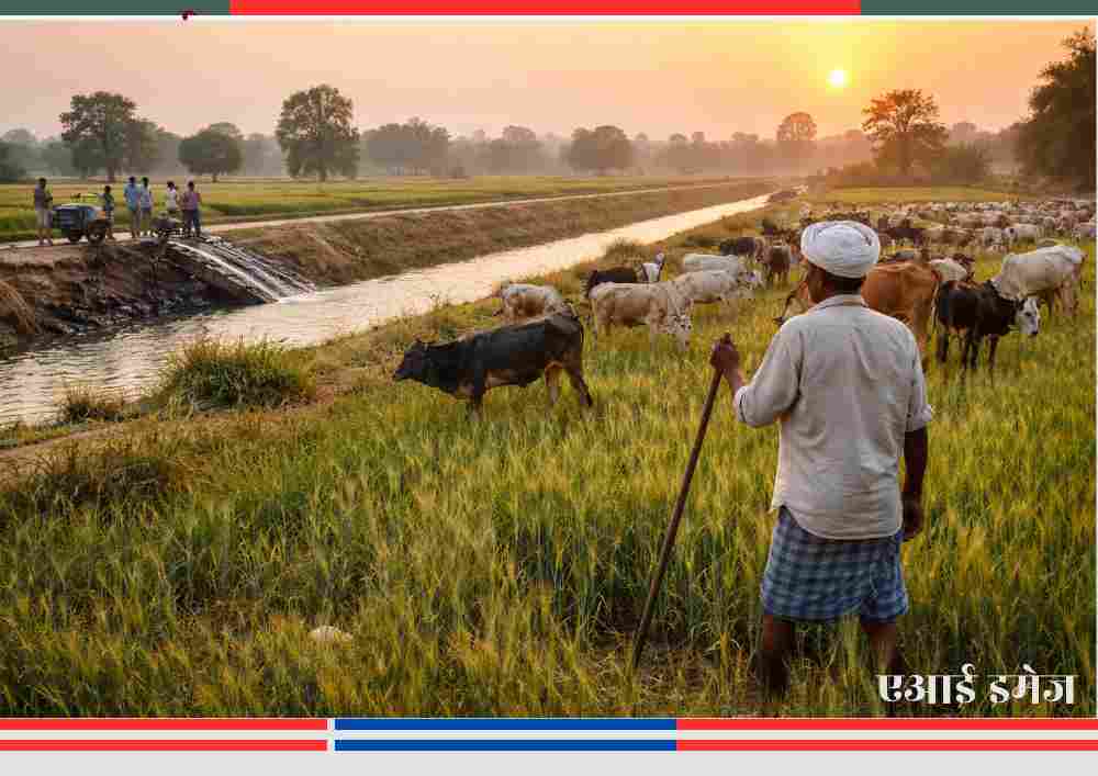 बांदा जिले में बुंदेलखंड का किसान खेत की रखवाली करता हुआ, पास में नहर की सिंचाई और आवारा पशु, सूर्यास्त के समय ग्रामीण कृषि परिदृश्य