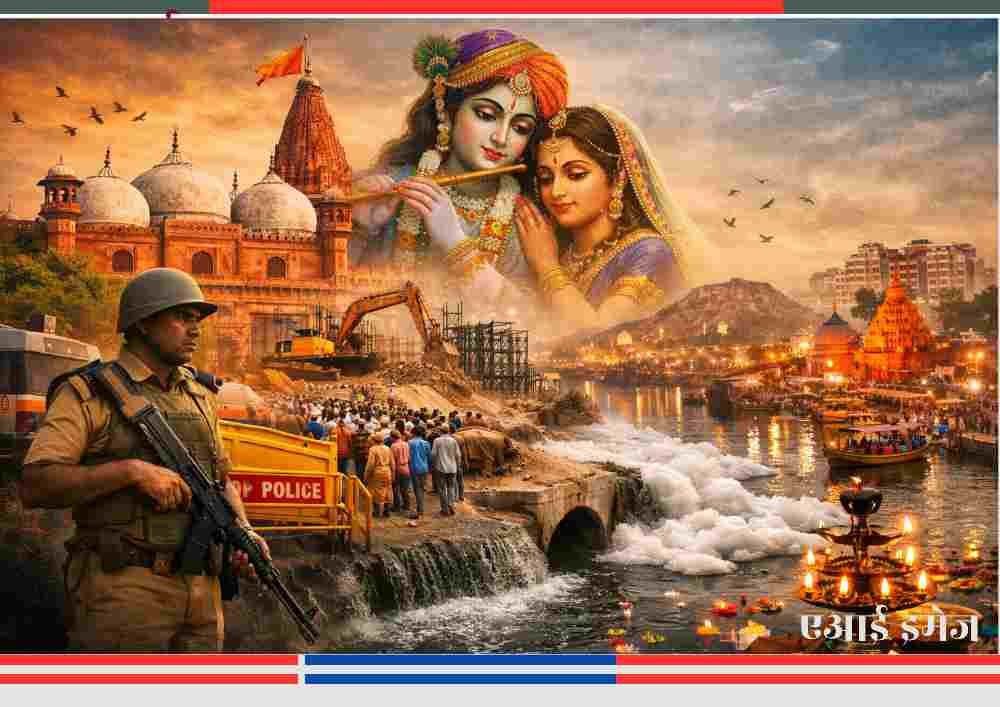मथुरा 2025 में श्रीकृष्ण जन्मभूमि, शाही ईदगाह, यमुना प्रदूषण, भारी सुरक्षा और धार्मिक भीड़ का दृश्य