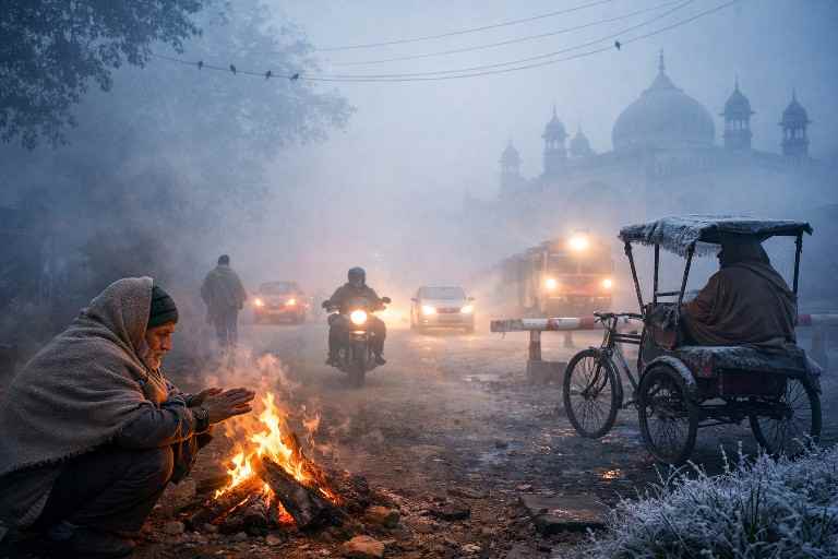 उत्तर प्रदेश में भीषण ठंड और घना कोहरा, सड़क किनारे अलाव तापते लोग और धुंध में चलते वाहन