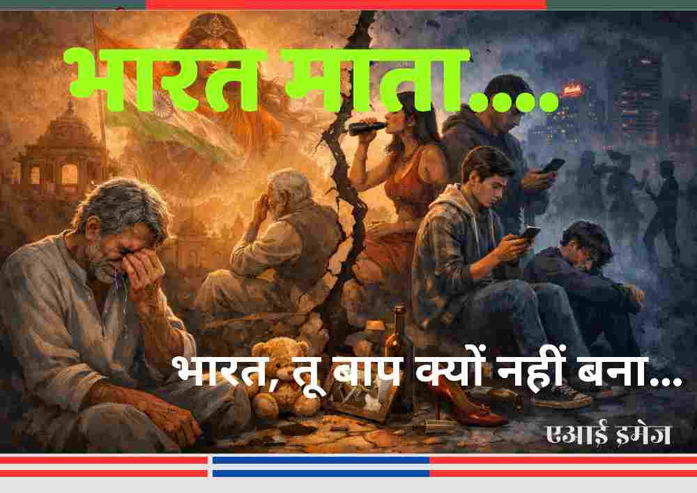 भारत माता की पृष्ठभूमि में टूटते परिवार, रोता हुआ वृद्ध और आधुनिकता में भटकती नई पीढ़ी को दर्शाती भावनात्मक प्रतीकात्मक चित्र