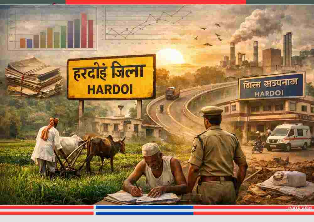हरदोई जिला 2025 में कृषि, प्रशासन, सड़क, पुलिस और ग्रामीण जीवन की मिश्रित तस्वीर दर्शाती प्रतीकात्मक फीचर इमेज