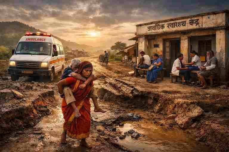 चित्रकूट के सुदूरवर्ती गांव में खराब सड़क पर बीमार बुज़ुर्ग को पीठ पर ले जाती महिला, पीछे फंसी एम्बुलेंस और प्राथमिक स्वास्थ्य केंद्र