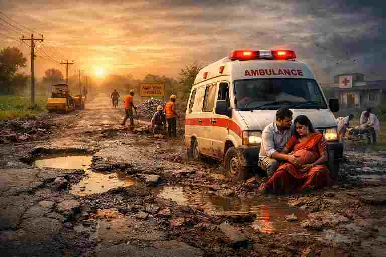 ग्रामीण इलाके में खराब सड़क पर फंसी एंबुलेंस, सड़क निर्माण कार्य और स्वास्थ्य संकट को दर्शाती प्रतीकात्मक तस्वीर