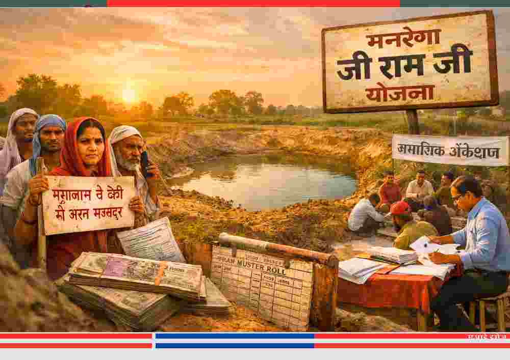मनरेगा जी राम जी योजना के तहत अधूरा तालाब, भुगतान की मांग करते ग्रामीण मजदूर और सामाजिक अंकेक्षण की बैठक का दृश्य