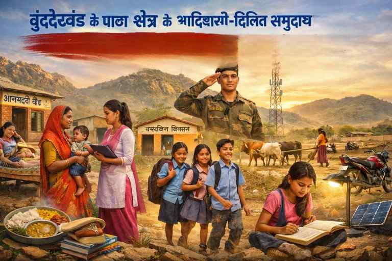 बुंदेलखंड के पाठा क्षेत्र में आदिवासी और दलित समुदाय के बच्चों, महिलाओं और ग्रामीण परिवेश में शिक्षा, स्वास्थ्य सेवाओं और आधुनिक तकनीक से आए सामाजिक बदलाव को दर्शाती प्रतीकात्मक तस्वीर