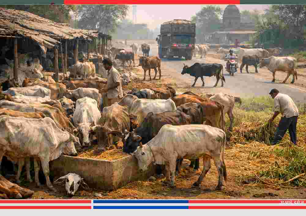 उत्तर प्रदेश में गौशाला के बाहर सड़कों और खेतों में भटकता गोवंश, सरकारी संरक्षण व्यवस्था की जमीनी हकीकत दर्शाती तस्वीर