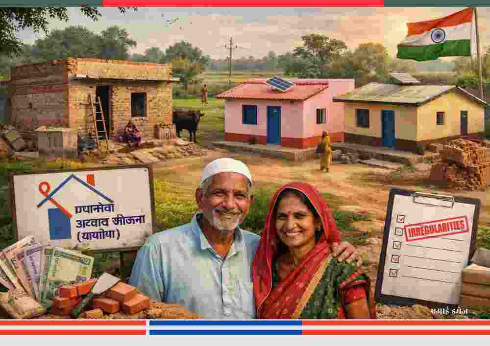 बलरामपुर में पीएम आवास योजना ग्रामीण के अंतर्गत बने और अधूरे घर, लाभार्थी दंपती, और अनियमितताओं का प्रतीकात्मक दृश्य