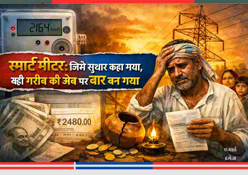 स्मार्ट मीटर और बढ़े हुए बिजली बिल को देखकर चिंतित ग्रामीण परिवार, पृष्ठभूमि में बिजली के खंभे और मीटर