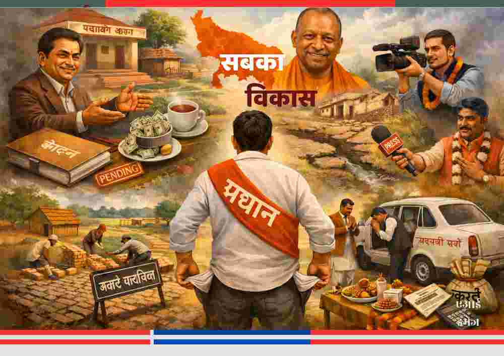 उत्तर प्रदेश में ग्राम प्रधान की समस्याएं दर्शाती फीचर इमेज, जिसमें प्रधान की पीठ पर लिखा ‘प्रधान’, ग्रामीण विकास कार्य, प्रशासनिक दबाव और मुख्यमंत्री योगी आदित्यनाथ की छवि दिखाई दे रही है