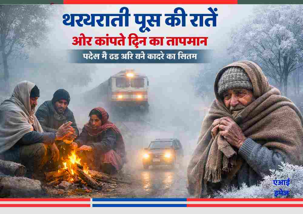 उत्तर प्रदेश में कड़ाके की ठंड और घने कोहरे के बीच अलाव तापते लोग, शीत दिवस से कांपता जनजीवन और सर्द मौसम का दृश्य