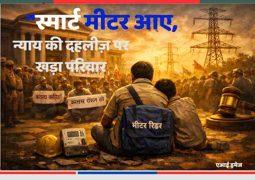 उत्तर प्रदेश में मीटर रीडर्स का भावुक प्रदर्शन, न्यायालय के सामने बच्चे के साथ बैठा मीटर रीडर, स्मार्ट मीटर नीति से प्रभावित श्रमिकों का संघर्ष