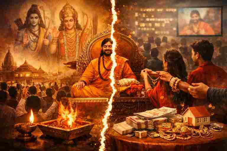 भारत में कथावाचक परंपरा, धार्मिक कथा वाचन, अंधभक्ति, दक्षिणा और दान के रूप में धन व आभूषण, श्रद्धा और व्यवसाय का टकराव दर्शाती प्रतीकात्मक छवि