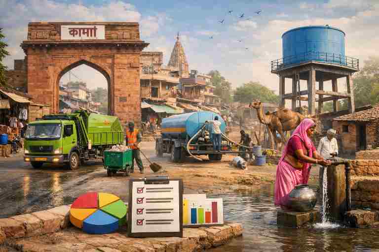 कामां राजस्थान में 2025 के दौरान शहरी सफाई व्यवस्था, कचरा वाहन, ग्रामीण पेयजल टंकी और जल जीवन मिशन की वास्तविक स्थिति दर्शाती फीचर इमेज