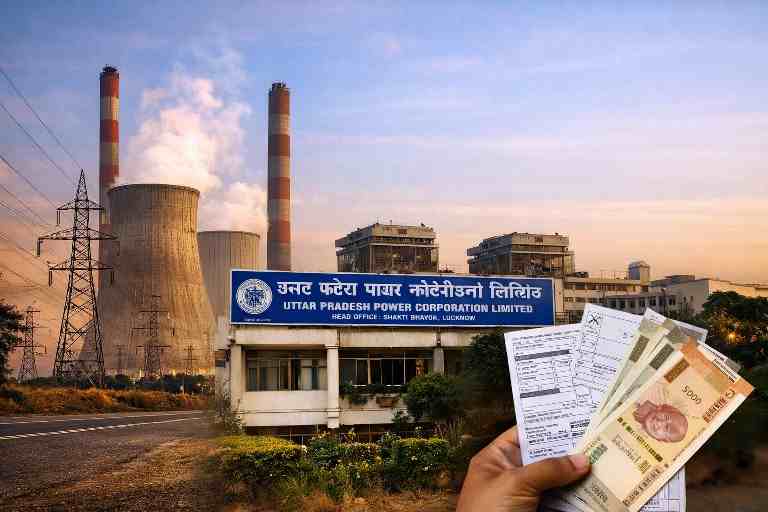 उत्तर प्रदेश पावर कॉरपोरेशन भवन, बिजली उत्पादन संयंत्र और हाथ में बिजली बिल व भारतीय मुद्रा, जनवरी में यूपी बिजली बिल राहत दर्शाता दृश्य