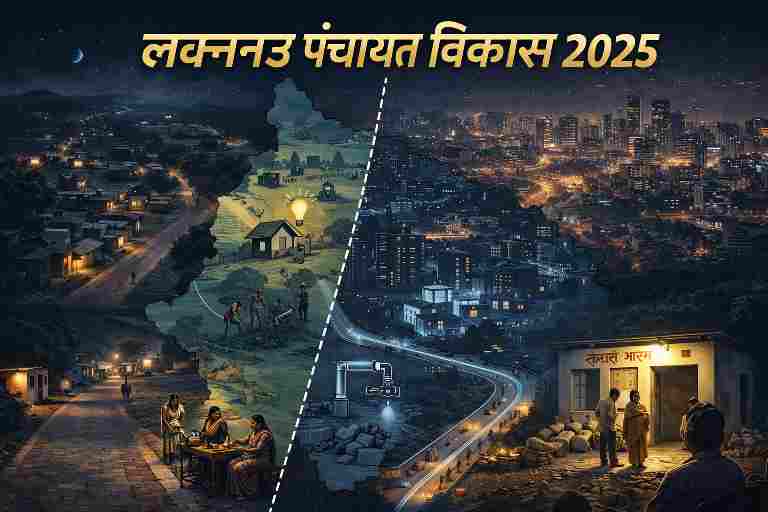 लखनऊ पंचायत विकास 2025 को दर्शाती डिजिटल इमेज, जिसमें ग्रामीण पंचायत क्षेत्रों और शहरी लखनऊ के बीच सड़क, बिजली, जलापूर्ति और विकास असमानता को प्रतीकात्मक रूप से दिखाया गया है