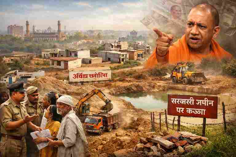 लखनऊ के सरोजिनी नगर क्षेत्र में सरकारी भूमि पर अवैध कब्जा, खनन माफिया की खुदाई, ग्रामीणों से पुलिस की बातचीत और पृष्ठभूमि में अवैध प्लॉटिंग का दृश्य