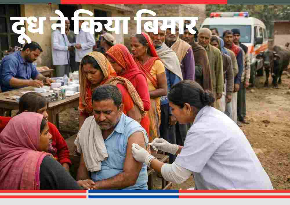 बदायूं के पिपरौल गांव में तेरहवीं के भोज के बाद रेबीज़ की आशंका पर सामुदायिक स्वास्थ्य केंद्र में एंटी-रेबीज़ वैक्सीन लगवाते ग्रामीण