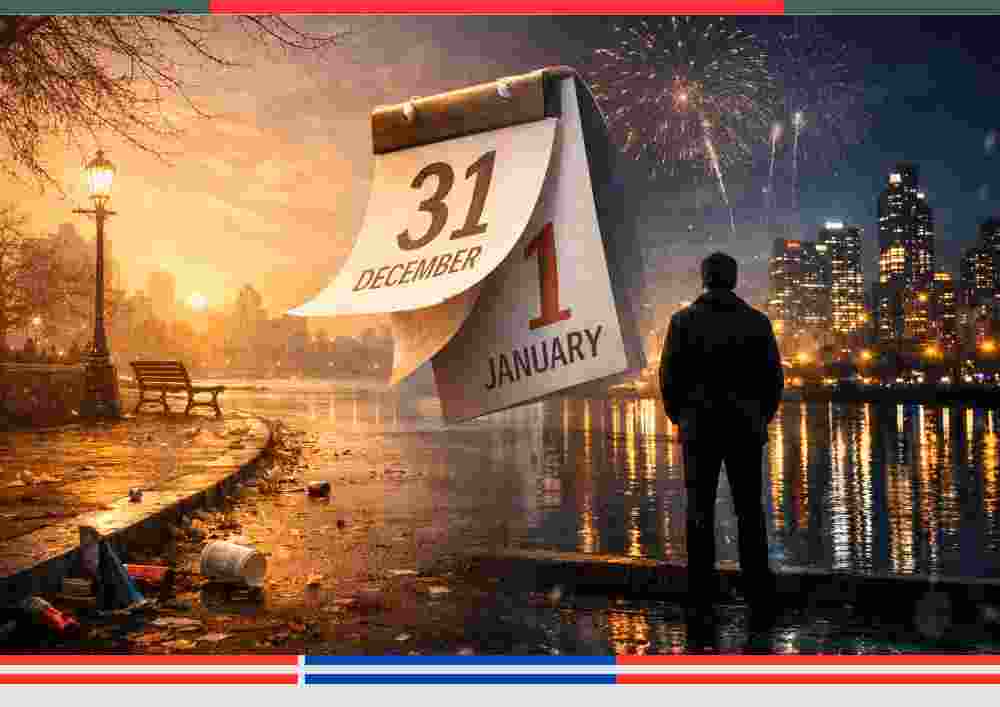 नए साल की सुबह खाली सड़क, बीते जश्न के अवशेष और 31 दिसंबर से 1 जनवरी पलटता कैलेंडर, आत्ममंथन में खड़ा एक व्यक्ति