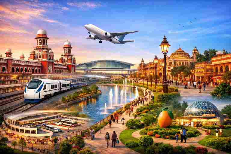 नबाबी रौनक फिर लेकर आ रहा लखनऊ, 2026 में चारबाग रेलवे स्टेशन, वंदे भारत ट्रेन, अमौसी एयरपोर्ट विस्तार, हज़रतगंज हेरिटेज लाइट्स और गोमती रिवरफ्रंट का भविष्य स्वरूप