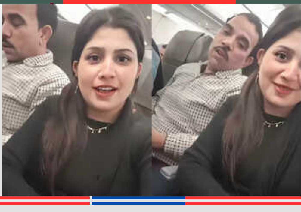 विमान के अंदर सोशल मीडिया वीडियो बनाती महिला और पीछे बैठे व्यक्ति का वायरल स्क्रीनशॉट, शादाब जकाती विवाद से जुड़ा मामला