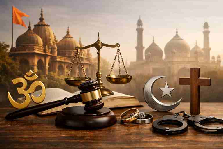 उत्तर प्रदेश धर्मांतरण कानून से जुड़ी प्रतीकात्मक तस्वीर, जिसमें धर्म, विवाह और न्याय व्यवस्था को दर्शाया गया है