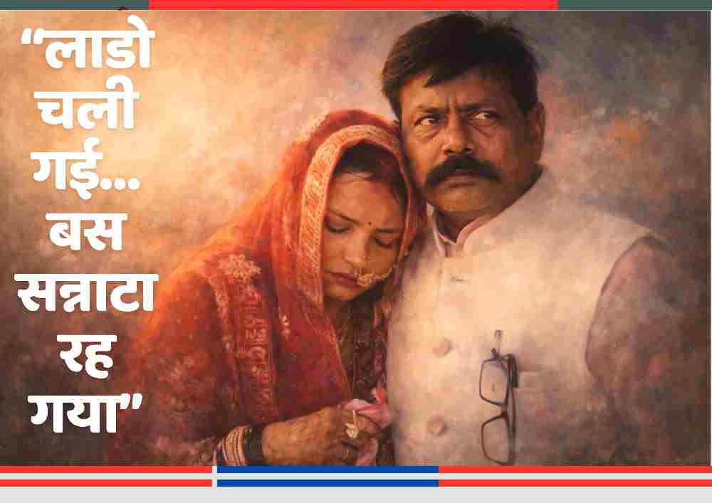 दुल्हन बनी बेटी पिता के कंधे से लगी हुई, विदाई का भावुक दृश्य, दहेज पीड़ित परिवार की प्रतीकात्मक तस्वीर