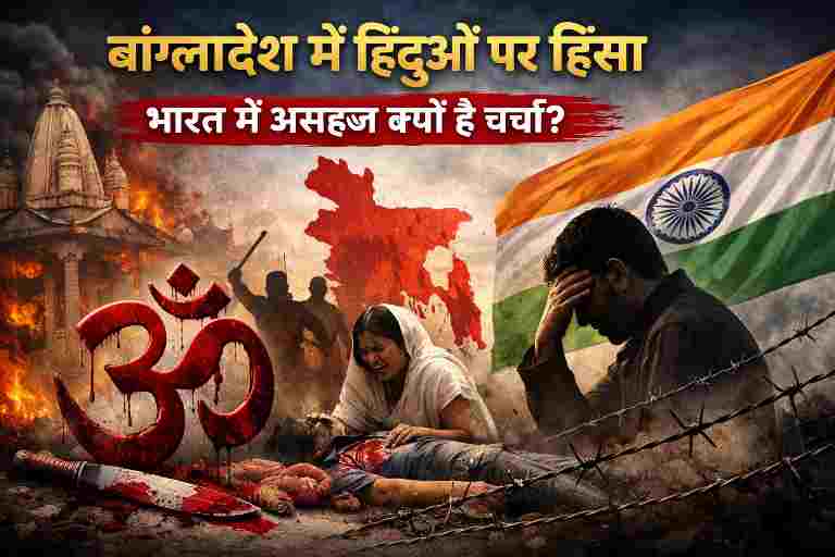 बांग्लादेश में हिंदू अल्पसंख्यकों पर हिंसा दर्शाती प्रतीकात्मक तस्वीर, पृष्ठभूमि में भारत-बांग्लादेश संदर्भ।