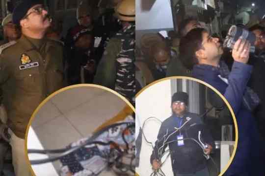 संभल में डीएम और एसपी की अगुवाई में देर रात छापेमारी के दौरान भूमिगत मिनी पावर स्टेशन, अवैध केबल और बिजली चोरी की जांच करते अधिकारी।