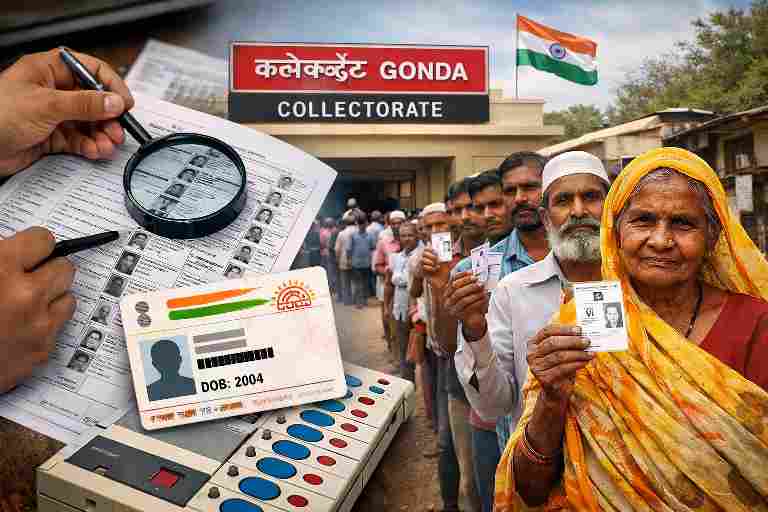 गोंडा कलेक्ट्रेट के बाहर वोटर आईडी के साथ कतार में खड़े ग्रामीण मतदाता और मतदाता सूची की जांच।