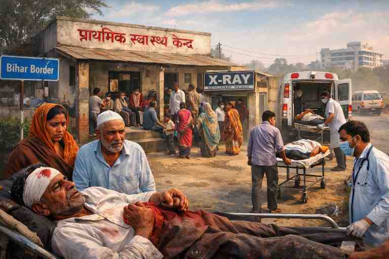 भाटपार रानी प्राथमिक स्वास्थ्य केंद्र के बाहर घायल मरीज और एंबुलेंस, जहां जांच सुविधाओं के अभाव में मरीजों को रेफर किया जा रहा है।