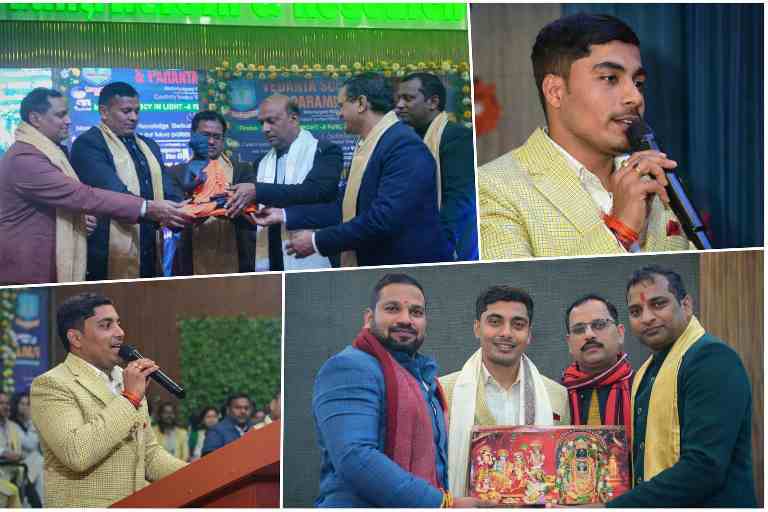 आजमगढ़ के वेदांता स्कूल ऑफ नर्सिंग एंड पैरामेडिकल साइंस में आयोजित दसवें वेदांता महोत्सव के दौरान सम्मान समारोह, मंच से संबोधन और अतिथियों के साथ स्मृति चिन्ह भेंट करते हुए आयोजक।