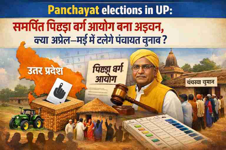 Panchayat elections in UP में समर्पित पिछड़ा वर्ग आयोग के गठन में देरी के कारण पंचायत चुनाव अप्रैल-मई में टलने की आशंका दर्शाती प्रतीकात्मक इमेज