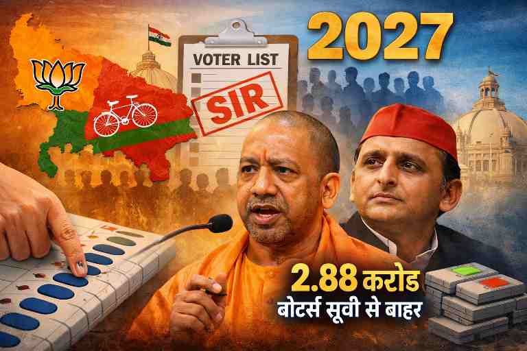 SIR के बाद यूपी चुनावी गणित दिखाती फीचर इमेज, जिसमें 2027 विधानसभा चुनाव पर 2.88 करोड़ वोट कटने का असर, BJP और सपा के बीच सियासी टकराव दर्शाया गया है।