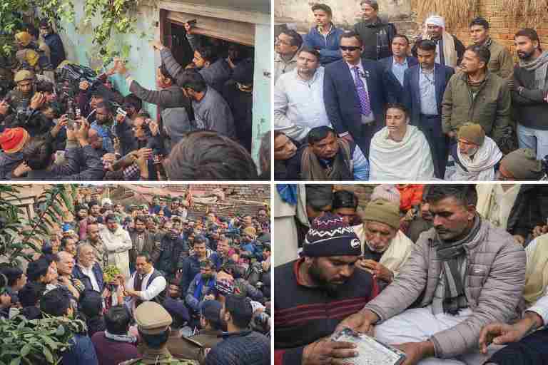 मेरठ के कपसाड़ गांव में दलित महिला की हत्या और नाबालिग के अपहरण के बाद जुटी भीड़, पुलिस तैनाती और नेताओं की मौजूदगी का दृश्य।