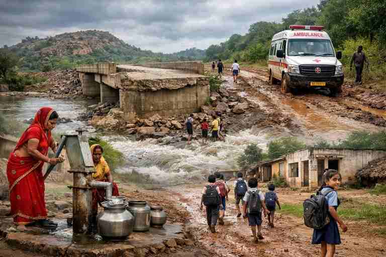 बुंदेलखंड के पाठा क्षेत्र के मानिकपुर में पानी की कमी, टूटी सड़कें, अधूरे पुल और कीचड़ में फंसी एंबुलेंस के बीच रोज़मर्रा का संघर्ष करता ग्रामीण जीवन।