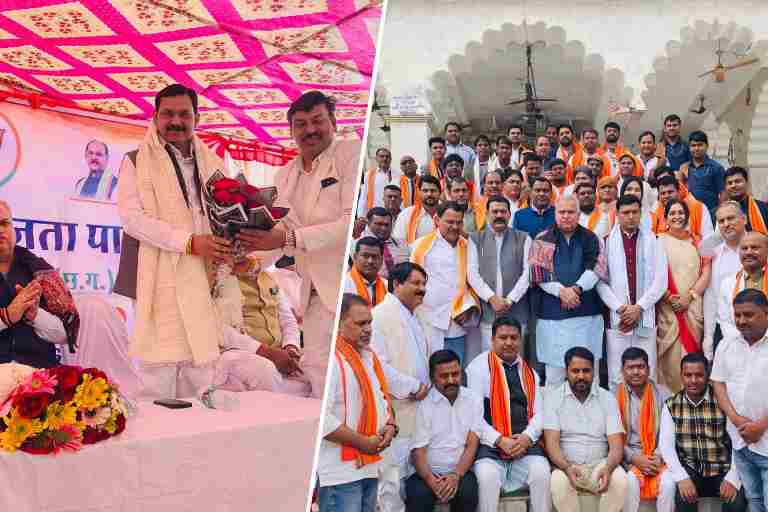 गिरौदपुरी धाम में आयोजित भाजपा अनुसूचित जाति मोर्चा की बैठक में मंच पर सम्मान और मंदिर परिसर में मौजूद पदाधिकारी व कार्यकर्ता।