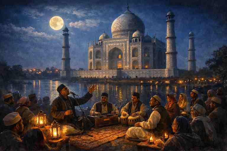 चांदनी रात में ताजमहल के सामने कव्वाली महफ़िल, मीनारों के साए में बैठे कव्वाल और संगमरमर पर बिखरती रूहानी फिज़ा।